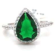 Pear shaped green and white round cut cubic zirconia ring in 925 sterling silver