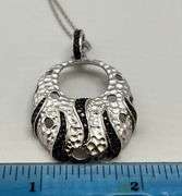 925 Sterling Silver Hammered Texture Oval Pedant With Black Crystal Pave Necklace