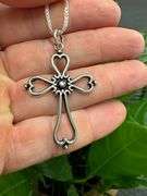 Elongated Heart Ornate Filigree Swirl Cross Pendant .925 Sterling Silver Charm