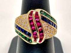 Impressive 4.75 Ctw Simulated Ruby, Sapphire, and Emerald 14 K Yellow Gold Plate Ring