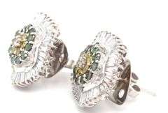 14kt White gold IRR green and yellow and baguette halo cluster earrings