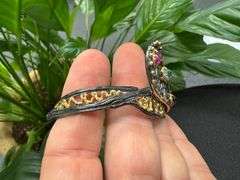 Oxidized & 18k Gold Plated Sterling Silver 925 Cuff Bracelet Adorned with Garnet, Amethyst & Aquamar