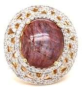 Amazing Huge 25.16CTS Oval Cabochon-Cut Ruby & 2.53CTW Round Faceted Colorless Sapphires Ring in 14K