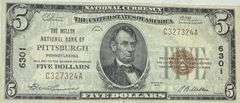 $5 Mellon Bank of Pittsburgh Uncirculated National Currency Note