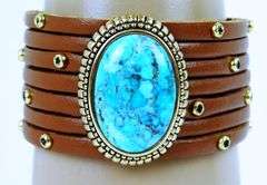 Barse Wide Leather Bracelet with Large Turquoise Stone