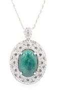 Darling 10.79CTS Oval Cabochon-Cut Emerald & 2.85CTW Round Colorless Sapphire Pendant Necklace in Pl
