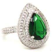 Pear shaped green and round cut white cubic zirconia ring in 925 sterling silver