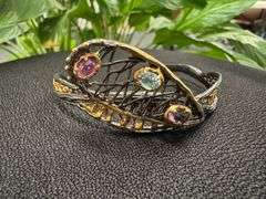 Oxidized & 18k Gold Plated Sterling Silver 925 Cuff Bracelet Adorned with Garnet, Amethyst & Aquamar