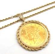 1907 $20 Liberty coin in rope bezel on chain