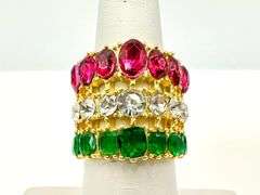 14 Kt Yellow Gold Plate Sparkling 17.5 Ctw Simulated Diamond Pink Sapphire and Emerald Ring
