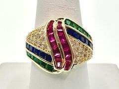 14 Kt. Gold Plate 4.75 Cwt. CZ Red, Blue, and Green Ring