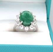 Sparkling 6.50CTS Oval Emerald-Cut Emerald & Sapphire Ring in Sterling Silver