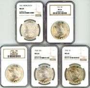 5 Near Gem BU Morgan & Peace Silver Dollars 1921 to 1925. NGC MS64