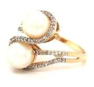 14kt Yellow gold 7-7.5mm double pearl and diamond loop ring
