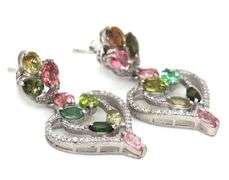 Enamoring 6.80CTW Oval Multi Color Tourmaline & Diamond Heart Shaped Dangle Earrings