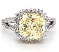 925 Sterling silver cushion cut yellow cubic zirconia with white cubic zirconia halo ring