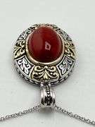 925 Sterling Silver Bezel Set Floral Pattern Red Coral Color Pendant With Chain Necklace