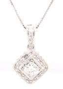 14kt White gold 0.35ctw princess cut diamond halo pendant on chain