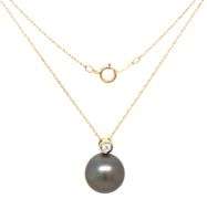 14kt Yellow gold 12.5mm grey fresh water pearl pendant on chain