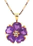 14kt Yellow gold heart shaped amethyst flower pendant on chain
