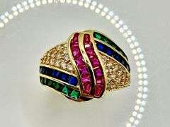 14 Kt Gold Plate 4.75 Ctw Simulated Diamond Ruby Blue Sapphire and Green Emerald Ring