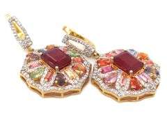 Sparkling 4,00CTW Emerald Cut Ruby, 5.00CTW Multi Color Sapphires and 0.28CTW Diamond Dangle Earring