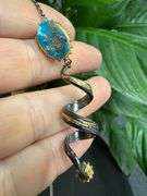 Persian Turquoise Pendant with Freshwater Pearl 18k Gold over Oxidized 925 Sterling Silver 24" Neckl