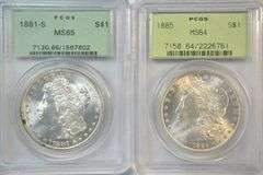 1885 (PCGS MS64) & 1881-S (PCGS MS65) Morgans. Old Green Labels