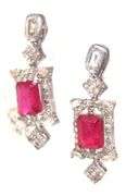 Darling 4.90CTW Emerald-Cut Rubies & Diamond earrings in 14K White Gold Over Sterling Silver