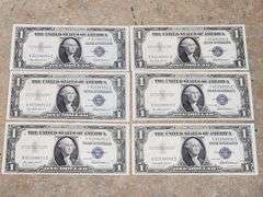 Lot of 6 1935F Silver Certificates, UNC