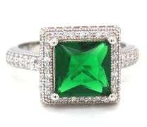 925 Sterling silver green princess cut and round brilliant cut white cubic zirconia ring