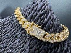 Gold Plated 925 Sterling Silver 9.5mm Miami Curb CZ Encrusted Chain New 9"