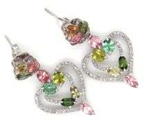 Enamoring 6.80CTW Oval Multi Color Tourmaline & Diamond Heart Shaped Dangle Earrings