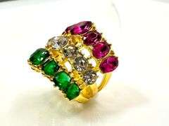 14 Kt Yellow Gold Plate Sparkling 17.5 Ctw Simulated Diamond Pink Sapphire and Emerald Ring