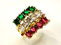 Gorgeous 14 K Yellow Gold Plate Christmas 12 Ctw Lab Simulated Ruby, White Diamond and Emerald Ring