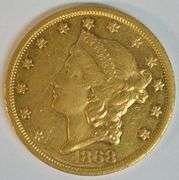 Ultra Rare Prooflike Near Mint 1868 Type 2 $20 Gold Piece. AU58.