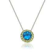 Sterling Silver Blue Topaz & Peridot Halo Pendant Necklace – Elegant Sparkling Design