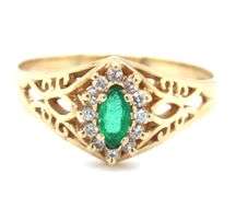 14kt Yellow gold marquise emerald and diamond ring