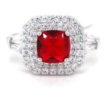 Red cushion cut and white round cubic zirconia ring in 925 sterling silver