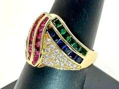 14 Kt Gold Plate 4.75 Ctw Simulated Diamond Ruby Blue Sapphire and Green Emerald Ring