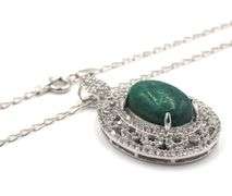 Darling 10.79CTS Oval Cabochon-Cut Emerald & 2.85CTW Round Colorless Sapphire Pendant Necklace in Pl
