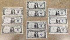 (2 Lots Of 3 & 2 Lots Of 2) (4 Lots/10 Notes Total) Consecutive Silver Certificates, UNC