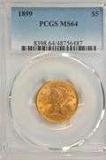 Near Gem BU 1899 $5 Liberty Gold Piece. PCGS MS64