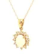 14kt Yellow gold oval opal and diamond halo pendant on chain