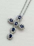 925 Sterling Silver Blue Sapphire Color And Rhinestone Cross Pendant And Chain Necklace