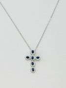 925 Sterling Silver Blue Sapphire Color And Rhinestone Cross Pendant And Chain Necklace