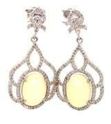 Enchanting Pair of 6.65CTW Oval Cabochon-Cut Opal W/ Fire and 1.30CTW Diamond Dangle Earrings in Ste
