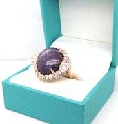 Enamoring Huge 23.96CTS Oval Cabochon-Cut Ruby & 2.53CTW Baguette & Round Faceted White Sapphire Rin