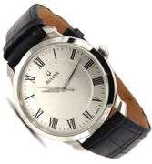 Bulova classic 3-hands quartz Roman dial on black leather strap watch