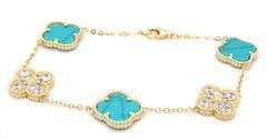 925 Sterling silver 12mm turquoise and cubic zirconia clover link bracelet